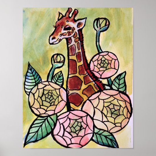 Giraffe en Bloemen Giraffes illustratie Bloemen Poster (Voorkant)