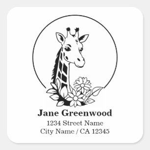 Giraffe En Bloemen Naam En Adres Vierkante Sticker