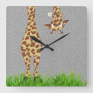 Giraffe en Daisy op Polka Dots Square Wall Clock Vierkante Klok