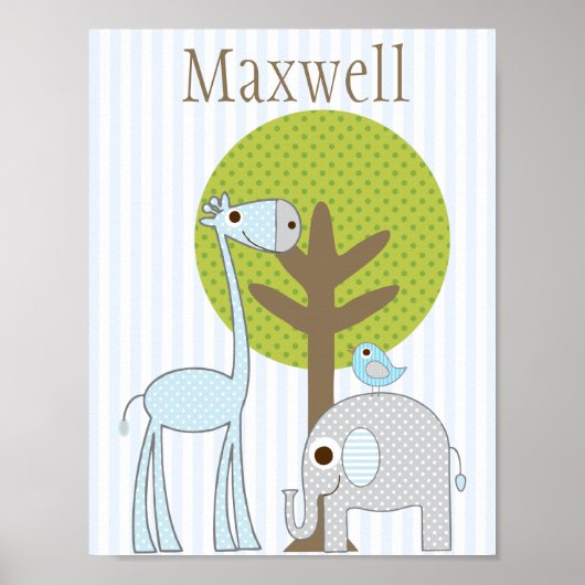 Giraffe en Elephant blue Boy baby poster (Voorkant)