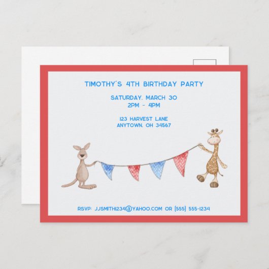 Giraffe en Kangaroo Birthday Party Uitnodiging Briefkaart (Voorkant / Achterkant)