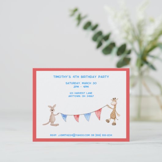 Giraffe en Kangaroo  Birthday Party Uitnodiging Briefkaart (Staand voorkant)