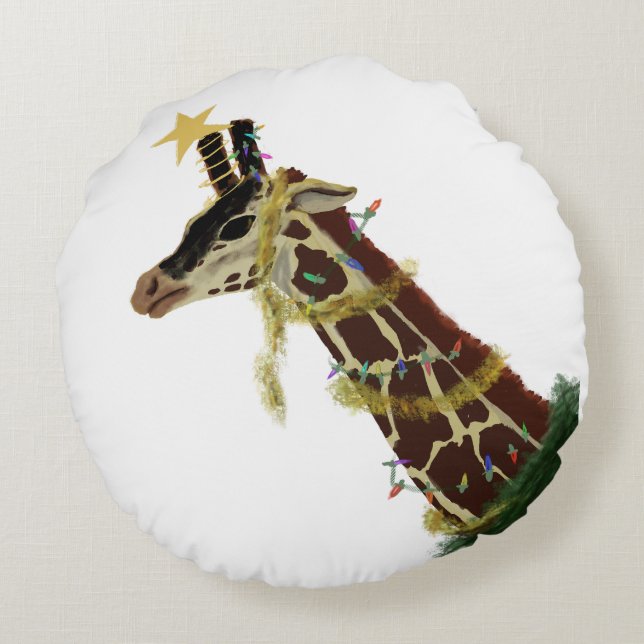 Giraffe en Kerstversierde Giraffe Rond Kussen (Achterkant)