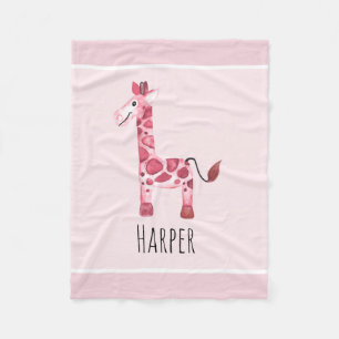 Giraffe en naam van Girl's Cute Pink Safari Fleece Deken