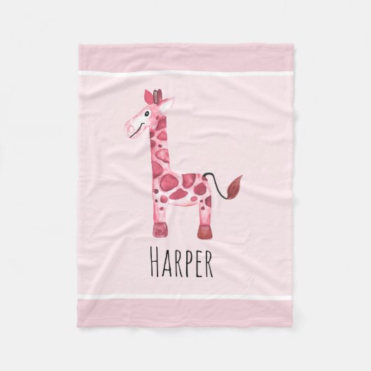 Giraffe en naam van Girl's Cute Pink Safari Fleece Deken (Voorkant)