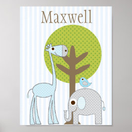 Giraffe en Olifant blauwe Jongens babykamer poster