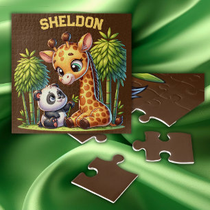 Giraffe en Panda Monogrammed Naam Legpuzzel