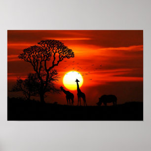 Giraffe en Rhinoceros Sunset Poster