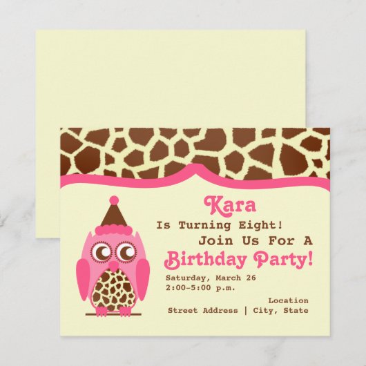 Giraffe en roze vogels uitnodiging (Voorkant / Achterkant)