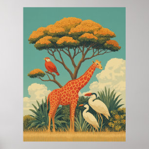 Giraffe en safari vogels poster