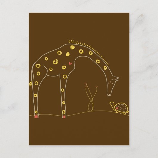 Giraffe en schildpad op bruin en geel briefkaart (Voorkant)