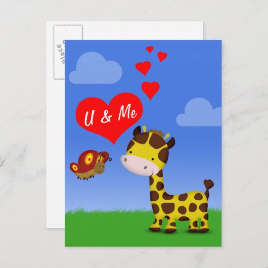 Giraffe en vlinder in liefde briefkaart (Voorkant / Achterkant)