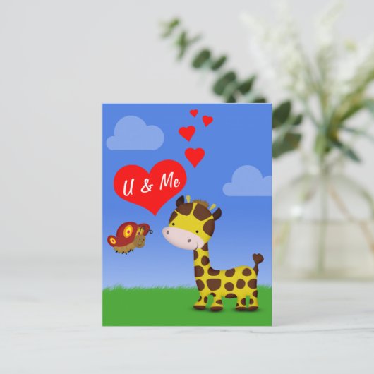 Giraffe en vlinder in liefde briefkaart (Staand voorkant)