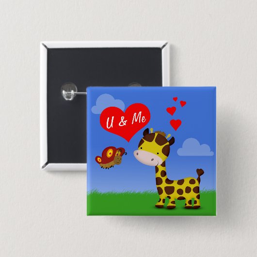 Giraffe en vlinder in liefde vierkante button 5,1 cm (Voorkant /achterkant)