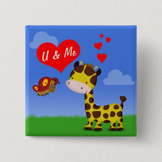 Giraffe en vlinder in liefde vierkante button 5,1 cm (Voorkant)