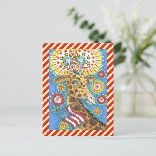 GIRAFFE EN VUURWERK BRIEFKAART 4 JULI (Staand voorkant)