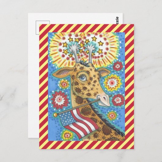 GIRAFFE EN VUURWERK BRIEFKAART 4 JULI (Voorkant / Achterkant)