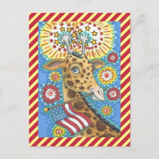 GIRAFFE EN VUURWERK BRIEFKAART 4 JULI (Voorkant)