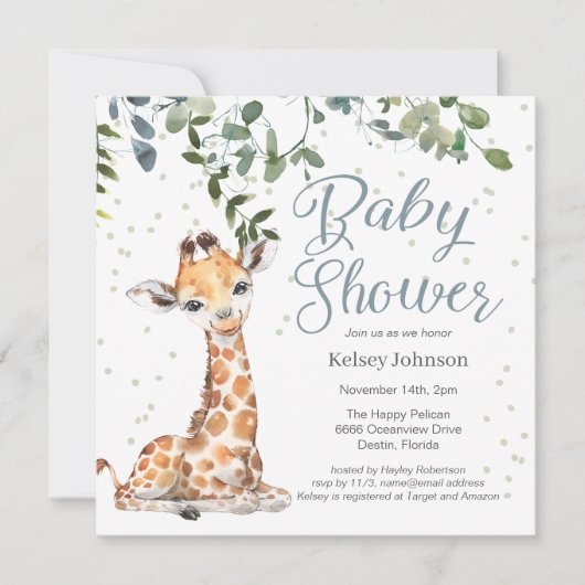 Giraffe Eucalyptus Greenery Baby shower Kaart (Voorkant)