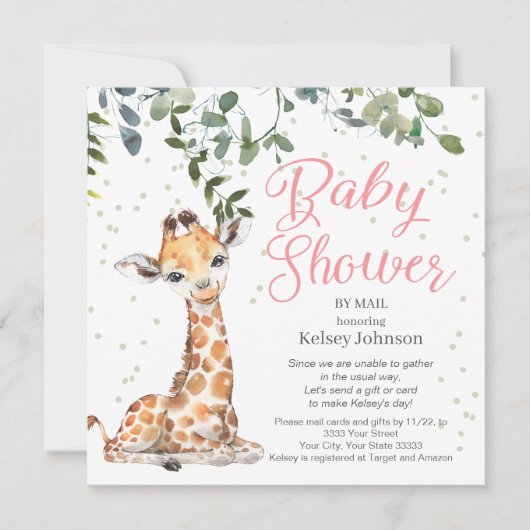 Giraffe Eucalyptus Greenery Pink Baby shower Kaart (Voorkant)