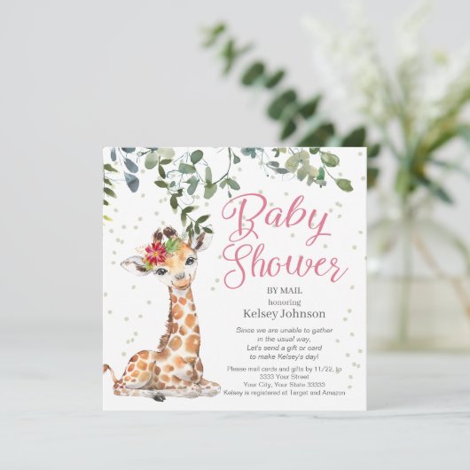 Giraffe Eucalyptus Pink Floral Baby shower Kaart (Staand voorkant)