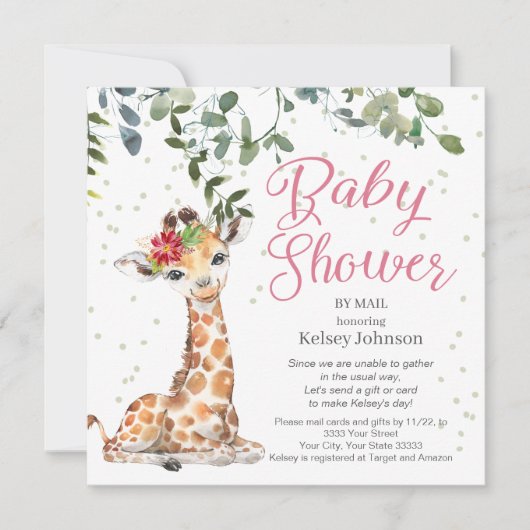 Giraffe Eucalyptus Pink Floral Baby shower Kaart (Voorkant)