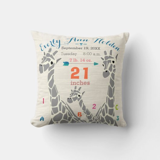 Giraffe Familie baby meisje Geboortedatum geboorte Kussen (Voorkant)