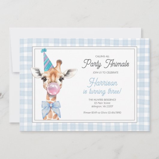 Giraffe Feest Beest Verjaardagsuitnodiging – Blauw Kaart (Voorkant)