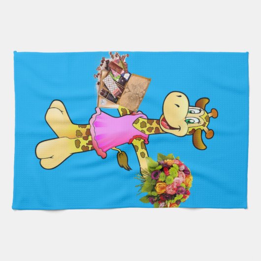 Giraffe Floral Blue Kitchen Hand Towel Theedoek (Horizontaal)