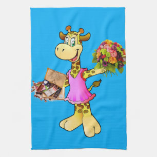 Giraffe Floral Blue Kitchen Hand Towel Theedoek