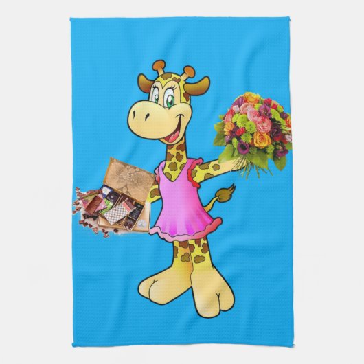Giraffe Floral Blue Kitchen Hand Towel Theedoek (Verticaal)