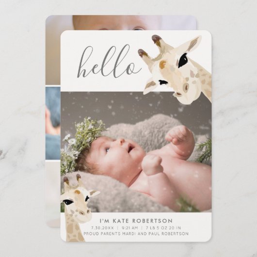 Giraffe Fotocollage Geboorteaankondiging Kaart (Voorkant / Achterkant)