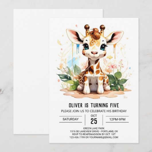 Giraffe Galore Safari Verjaardagsuitnodiging Kaart (Voorkant / Achterkant)