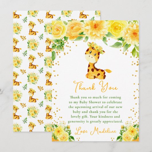 Giraffe Geel Bloemen Baby shower Bedankkaart (Voorkant / Achterkant)