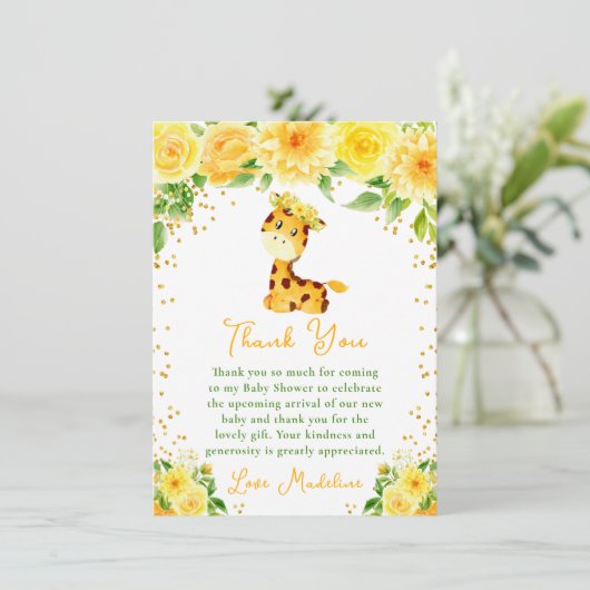 Giraffe Geel Bloemen Baby shower Bedankkaart (Staand voorkant)