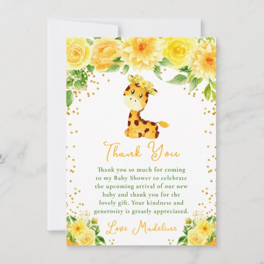 Giraffe Geel Bloemen Baby shower Bedankkaart (Voorkant)