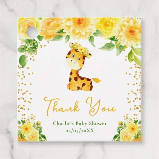 Giraffe Geel Bloemen Baby shower Dank u Bedankjes Labels (Voorkant)