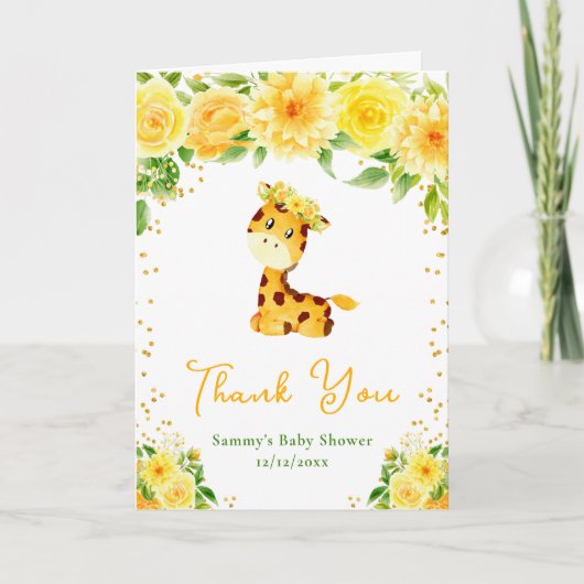 Giraffe Geel Bloemen Baby shower Dank u Bedankkaart (Voorkant)