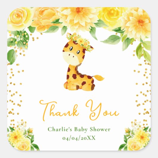 Giraffe Geel Bloemen Baby shower Dank u Vierkante Sticker (Voorkant)