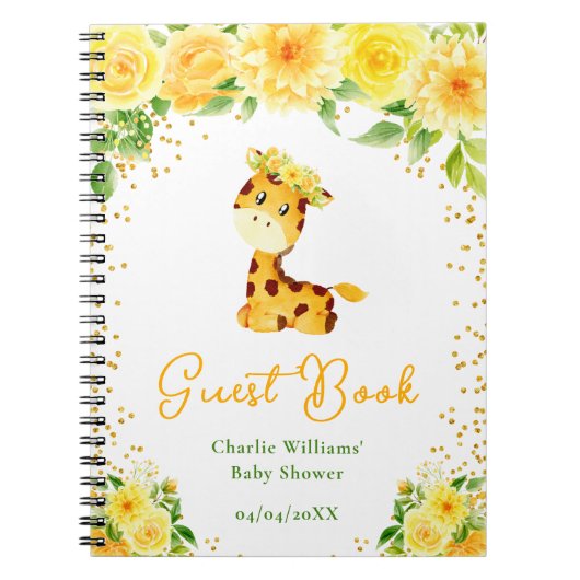 Giraffe Geel Bloemen Baby shower Gastenboek Notitieboek (Voorkant)