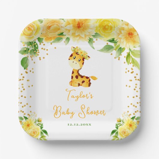 Giraffe Geel Bloemen Baby shower Papieren Bordje (Voorkant)