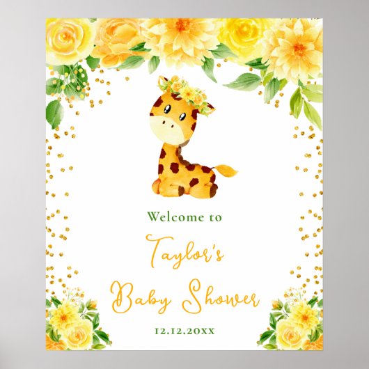 Giraffe Geel Bloemen Baby shower Welkom Poster (Voorkant)