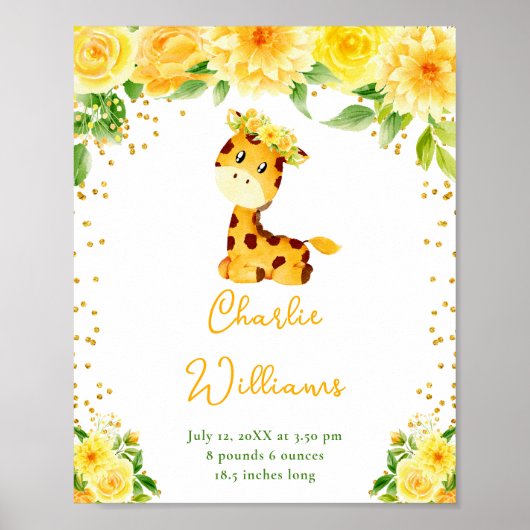 Giraffe Geel Bloemen Geboorte Statistieken Poster (Voorkant)