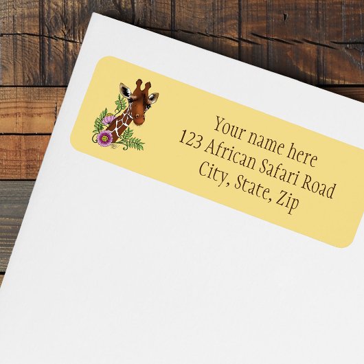 Giraffe Geel Portrait Flowers Adres Etiket