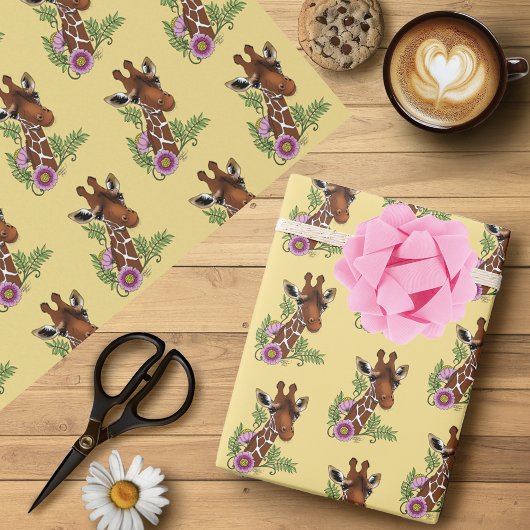 Giraffe Geel Portretbloemen Cadeaupapier