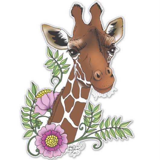 Giraffe Geel Portretbloemen Sticker (Voorkant)