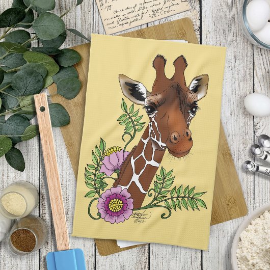 Giraffe Geel Portretbloemen Theedoek