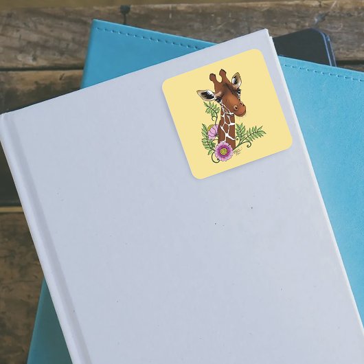 Giraffe Geel Portretbloemen Vierkante Sticker