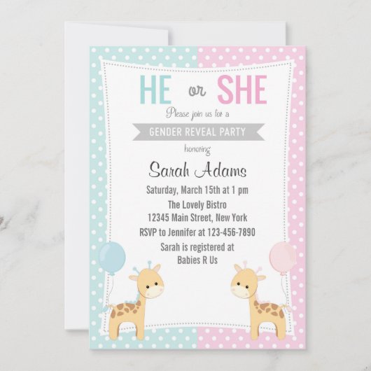 Giraffe Gender Reveal Party Invitation Kaart (Voorkant)