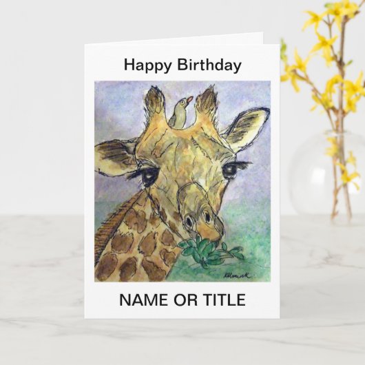 Giraffe gepersonaliseerde kunst verjaardagskaart v kaart (Gele Bloem)